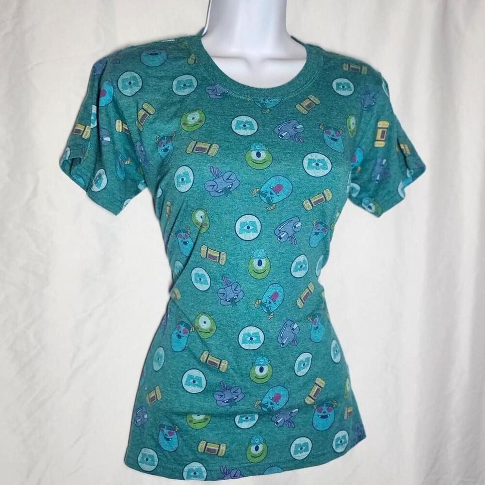 disney blue teal monsters inc all over print form fit womens short sleeve tee